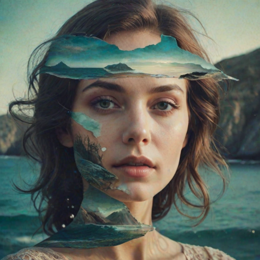 this image is Book cover, A surreal double exposure portrait that blends a woman's face with a beautiful seascape. The overall mood is dreamy and mystical, with rich colors and intricate details