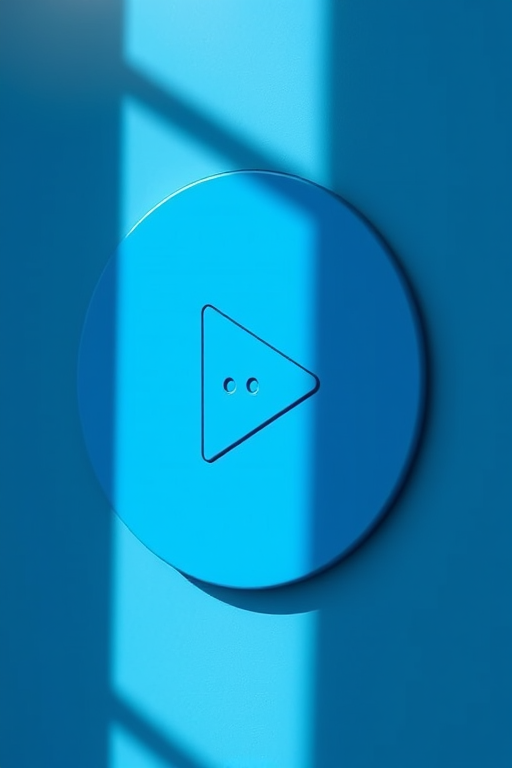 Create a high-resolution image of a blue circular play and pause button with a long shadow effect, using a DSLR camera, 50mm lens, aperture f/1.8, ISO 100, shot in natural light from a slight angle to capture depth and detail.