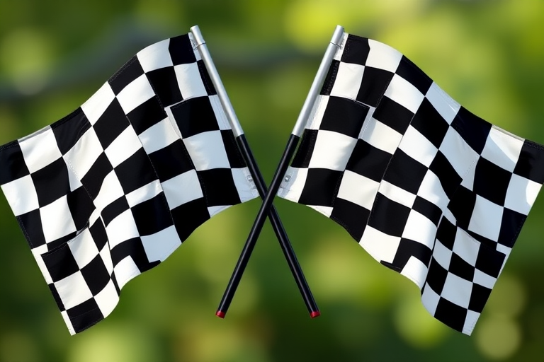 create an image of two crossed checkered racing flags, medium shot, 50mm lens, f/2.8 aperture, ISO 100, natural lighting, high detail, vector style