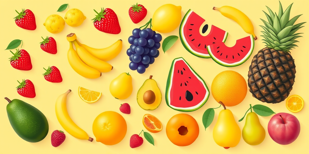 Create a vibrant and playful illustration of various fruits including strawberries, grapes, bananas, peaches, lemons, watermelon, pineapples, avocados, oranges, and pears on a soft yellow background, using a flat design style, with high contrast colors and smooth lines. Use a digital drawing tablet, settings: 300 DPI, view: overhead, type: vector art.