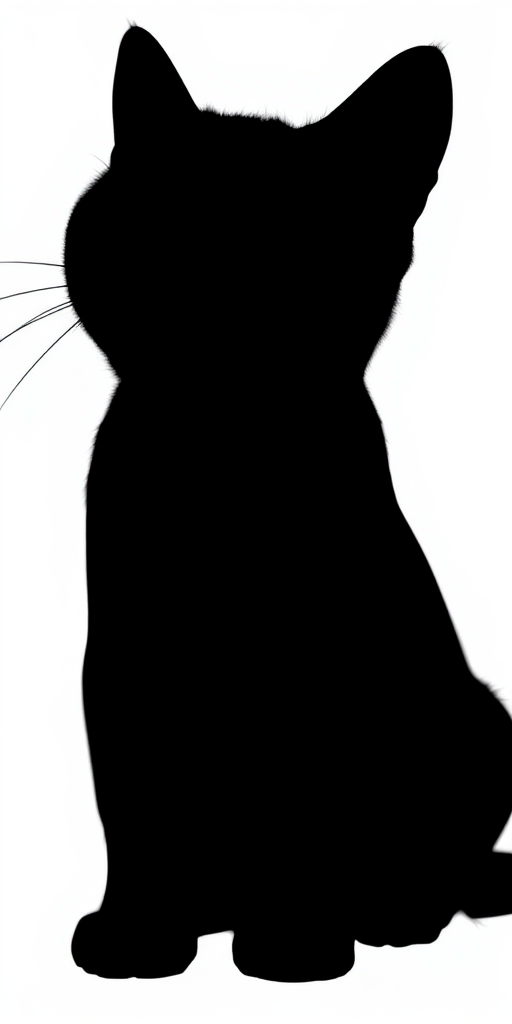 Generate a high-resolution image of a minimalist black cat silhouette against a white background, captured with a DSLR camera at f/2.8 aperture, ISO 100, 50mm lens, taken from a low angle to enhance depth and detail.