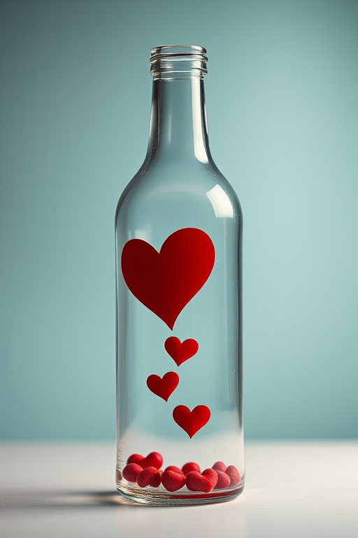 Create an image of a clear glass bottle with a large red heart design and smaller red hearts floating inside, with a soft gradient background, shot with a DSLR camera, 50mm lens, f/1.8 aperture, ISO 200, 1/100 second exposure, using low-key lighting to enhance reflections and details.