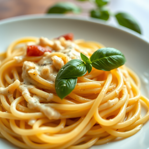 Close-up shot of a plate of spaghetti with a creamy sauce and garnished with fresh basil leaves, taken with a Canon EOS R5 at f/2.8, 1/60s, ISO 200, in natural light with a shallow depth of field for a soft background.