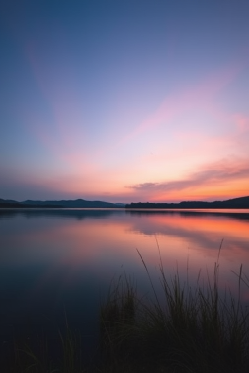 Generate a high-resolution image of a serene sunset over a calm lake, captured with a Canon EOS R5, 50mm lens, f/1.8 aperture, ISO 100, at a shutter speed of 1/200 seconds, using a soft focus style for a dreamy effect.