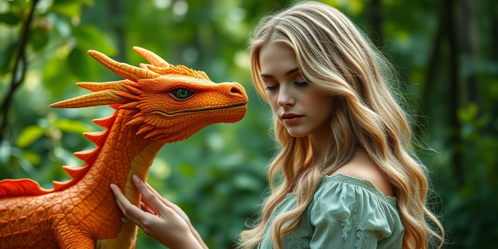 Create a fantasy portrait of a young woman with long wavy blonde hair standing in a lush green forest, closely interacting with a vibrant orange dragon, shot with a Canon EOS R5, 85mm lens, aperture f/1.8, ISO 100, natural soft lighting to enhance details and colors, shallow depth of field to blur the background.