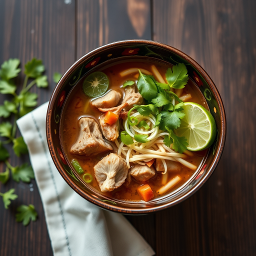 A vibrant bowl of pho with tender meat, fresh herbs, bean sprouts, and lime, styled on a dark wooden surface, shot with a Canon EOS R5 at f/2.8, ISO 100, 1/100s, top-down view, natural light with shallow depth of field.