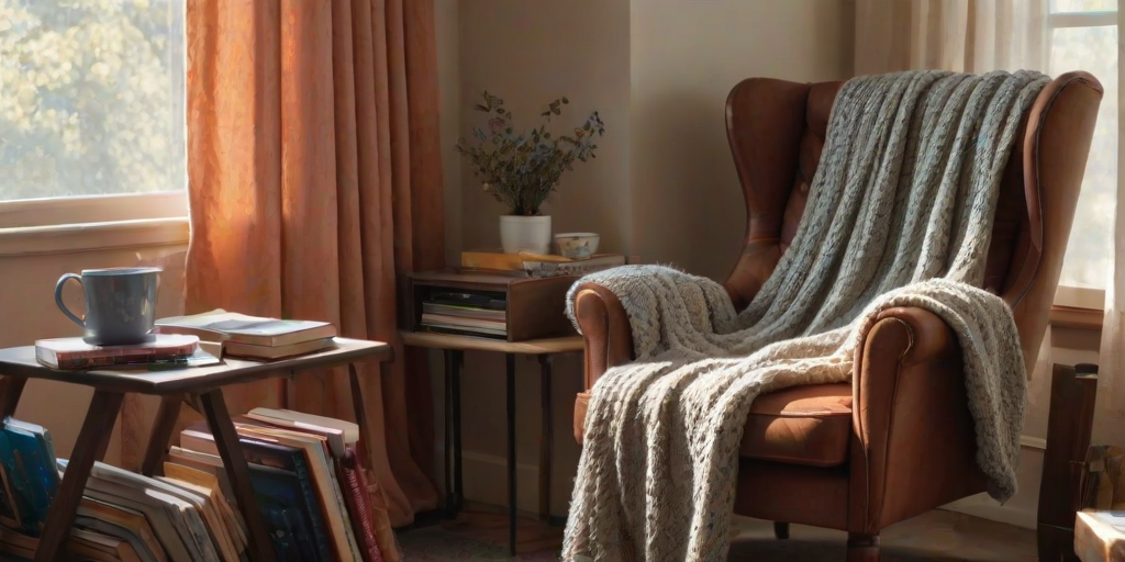 Cozy reading nook, featuring a large armchair with a knitted blanket draped over it, a small bookshelf overflowing with colorful novels, and a steaming cup of tea on a wooden side table, sunlight filtering through a window adorned with sheer curtains.