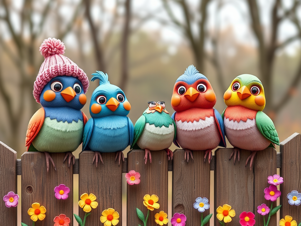 create a scene of 4 quirky  whimsical colourful comical birds each with a funny expression. they are sat on a wooden fence with colourful flowers. they are all different sizes. each one is a different colour  one is wearing a woolly hat. Each one has a different quirky google expression and there is a muted background of trees watercolour paintierly style high definition 8k resolution 3D paper mache