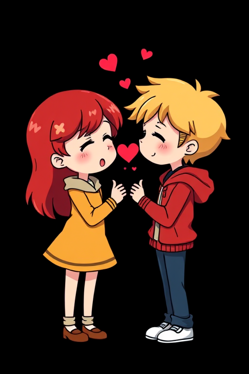 Create an illustration of two cartoon characters exchanging hearts, with one character having red hair and the other blonde, set against a solid black background, using a soft focus lens, f/2.8 aperture, 50mm focal length, and a high-resolution digital camera for optimal image quality.