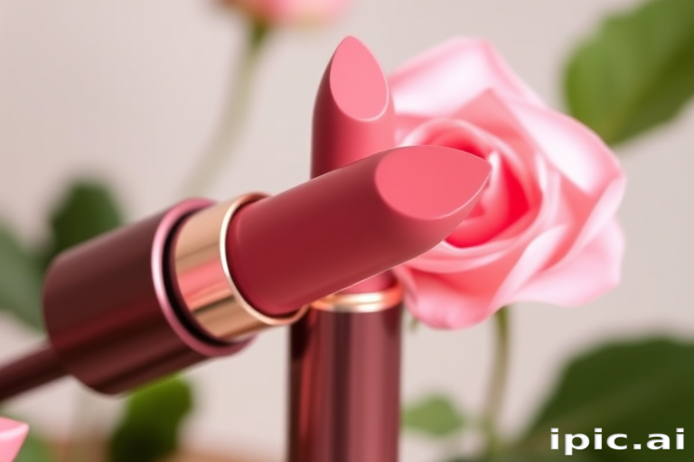 Elegant "Rose Petal" satin-finish lipstick in soft pink, infused with nourishing oils for a smooth application, perfect for romantic and feminine styles