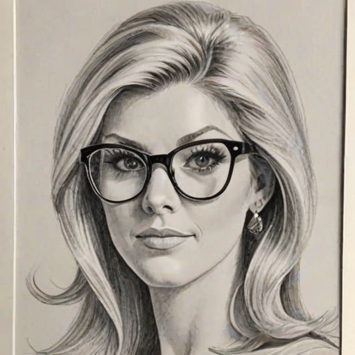 Appealing Ainsley Earhardt, pencil sketch, portrait of Graceful woman 1966s in glasses, hair style beatnik, outline, clear lines, fine lines, 8k