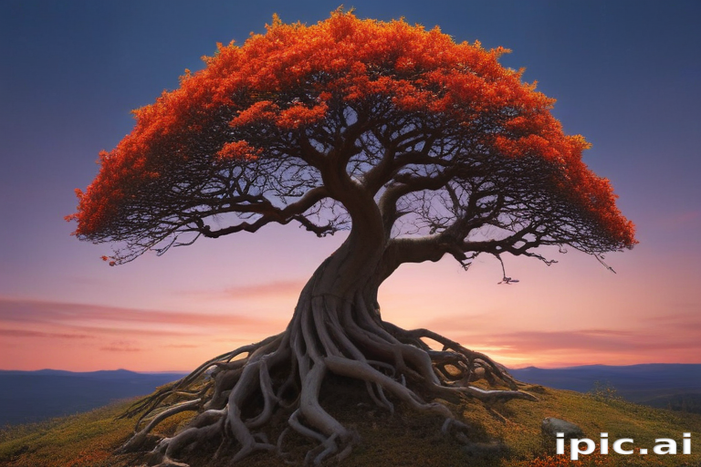 A Majestic Tree with Vibrant Orange Leaves Against a Twilight Sky.