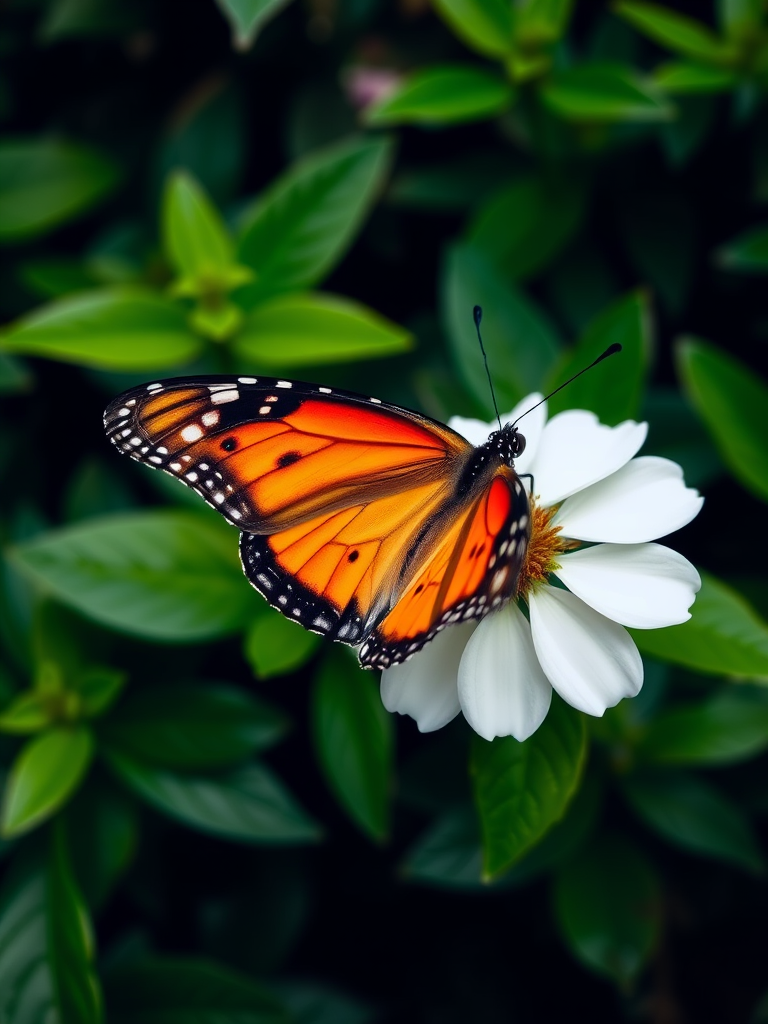 Generate an image of a butterfly with vibrant orange and black wings resting on a white flower. The background should feature lush green foliage, creating a serene and natural atmosphere.