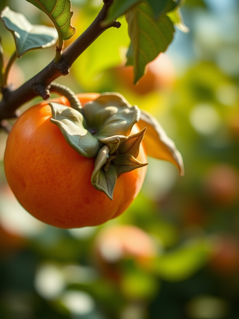 high-resolution close-up of a persimmon on a branch with a blurred background, natural lighting, f/2.8 aperture, ISO 100, 50mm lens, shallow depth of field, DSLR camera
