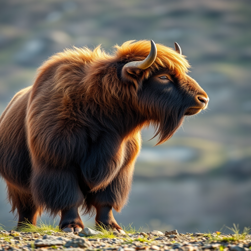 Create a high-resolution image of a musk ox standing upright and in profile, with detailed fur texture, taken with a DSLR camera at 50mm, f/2.8 aperture, 1/200 sec shutter speed, using natural lighting to enhance clarity and details.