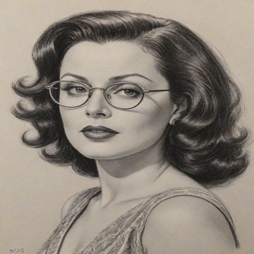 Enticing Hedy Lamarr, pencil sketch, portrait of Resplendent woman 1958s in glasses, hair style beatnik, outline, clear lines, fine lines, 8k