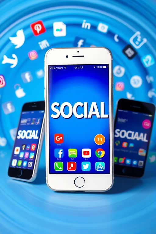 Create an image featuring multiple smartphones displaying the word "SOCIAL" prominently, surrounded by various social media icons and logos in a dynamic blue swirl background, captured with a DSLR camera at f/2.8 aperture, 35mm lens, 1/125s shutter speed, ISO 100, wide-angle view for enhanced depth and clarity.