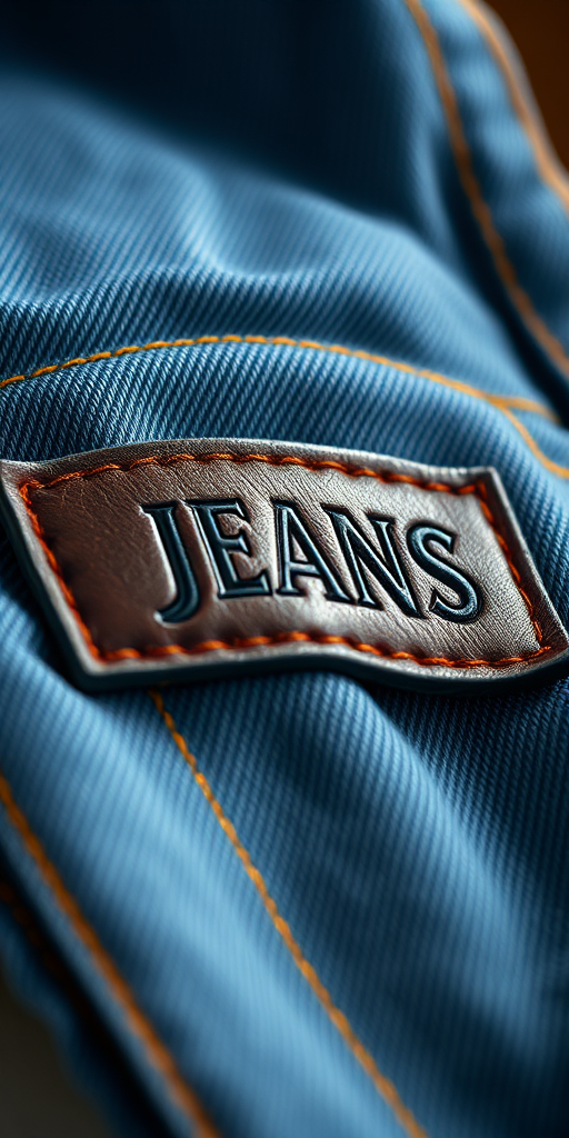 Create a high-resolution texture image of denim fabric with visible stitching, featuring a leather patch engraved with the word "JEANS," using a DSLR camera with a 50mm lens, aperture set to f/2.8, ISO 100, and soft natural lighting for enhanced detail and color vibrancy.