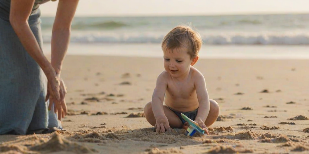 Blurry candid shot of a young boy playing with a toy airplane on a sandy beach, soft waves lapping at the shore, and his mother softly blurred in the background, watching him.
