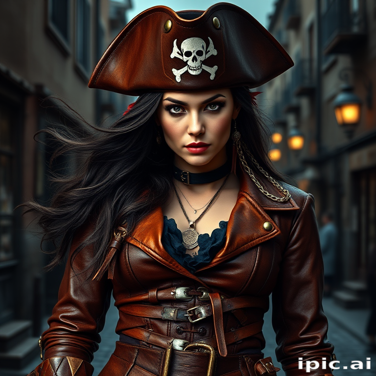 Create a portrait of a fierce female pirate. She wears a leather tricorn hat adorned with a skull and crossbones emblem, and her long, dark hair flows around her face. Her outfit consists of a richly detailed leather jacket, a corset, and multiple layers of belts and accessories, giving her a formidable and stylish appearance. She stands confidently in a dimly lit, historic port town, with a backdrop of weathered buildings and cobblestone streets, capturing the adventurous spirit of a pirate.