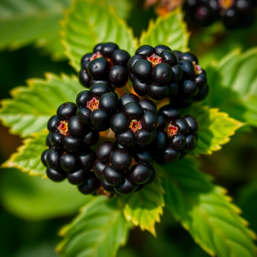 a close-up shot of a cluster of blackberries with green leaves, taken with a DSLR camera, aperture f/4, shutter speed 1/200 sec, ISO 100, natural lighting, macro lens for enhanced detail