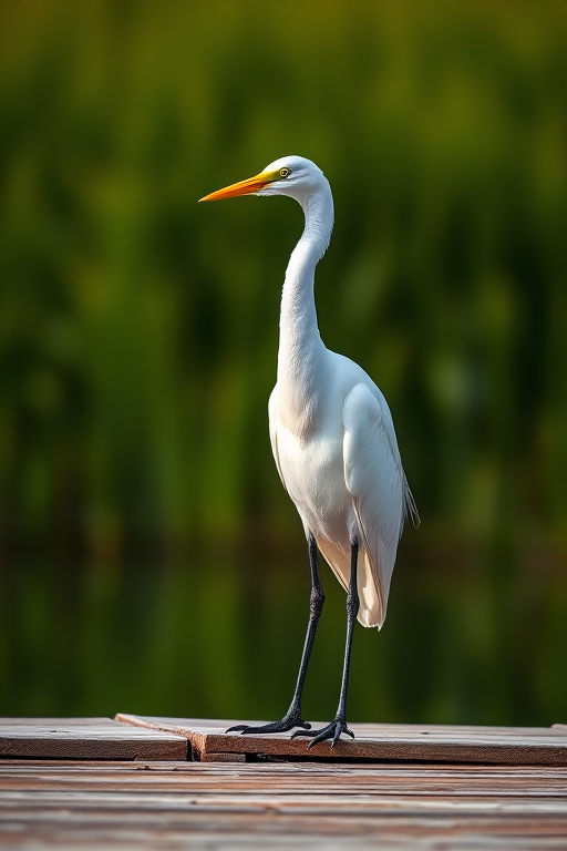 Create a high-resolution image of a great egret standing on a wooden dock with a blurred green background, natural lighting, shot with a DSLR camera at f/4, ISO 100, and a shutter speed of 1/500s, using a 200mm lens and a shallow depth of field for enhanced focus on the bird.