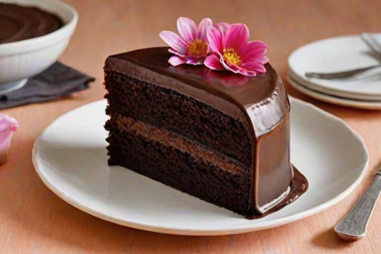 Create an image of a rich, dark chocolate cake with a smooth chocolate ganache frosting. The cake should be partially sliced to show its moist texture, and it should be displayed on a simple white plate. Surround the cake with vibrant flowers in the background to add color and a fresh feel to the scene.