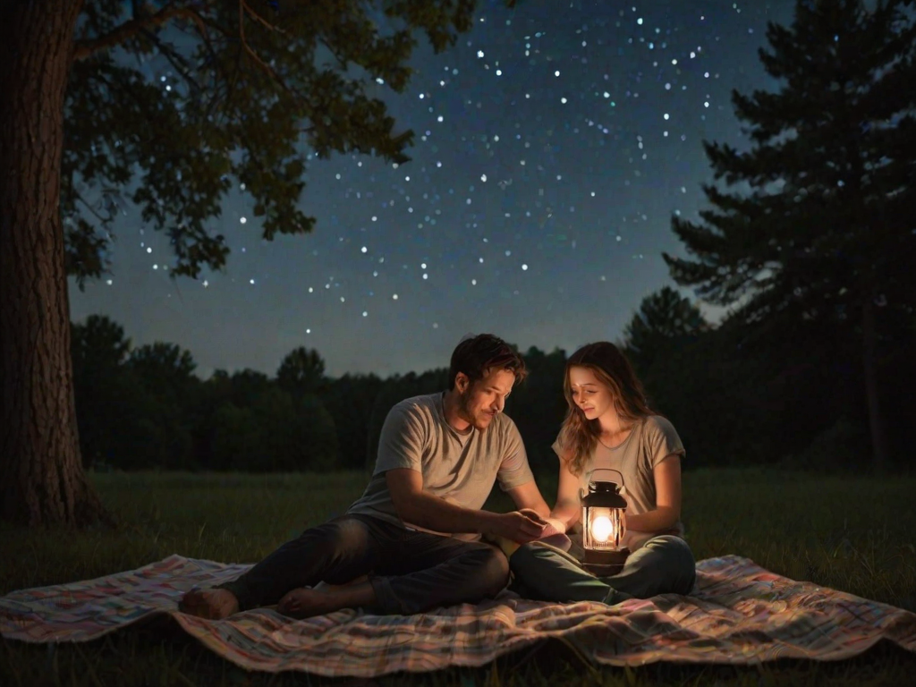 Warmly lit image of a couple sharing a quiet moment on a blanket under the stars, soft glow from a lantern illuminating their faces, distant fireflies flickering in the background, and the sound of crickets filling the night air.