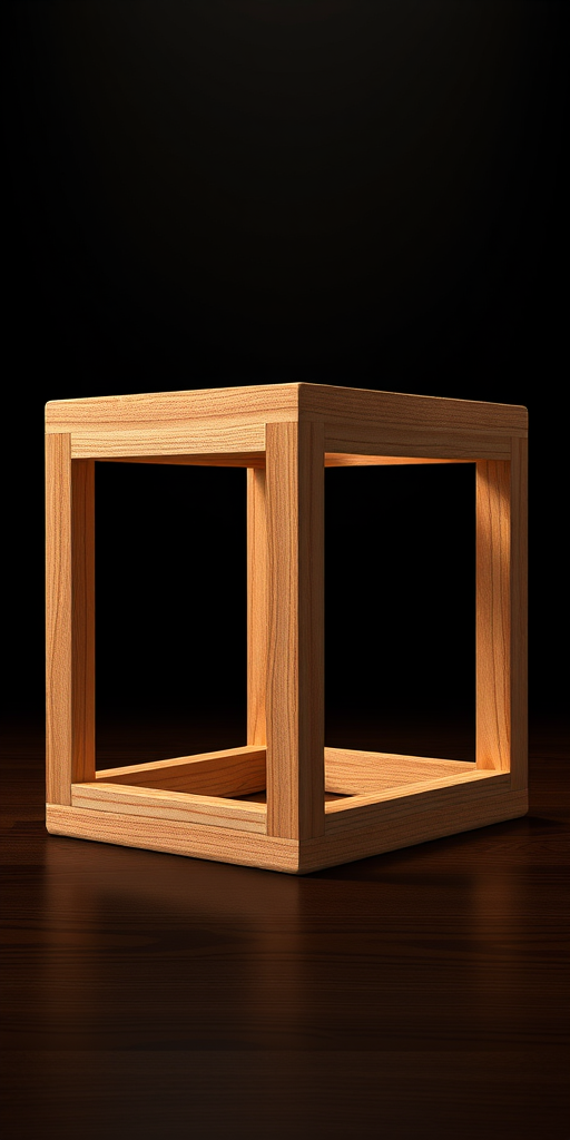 Create a 3D rendering of a wooden cube with an open framework, use a Canon EOS R5 camera, 50mm lens, f/1.8 aperture, ISO 100, focus on sharp details and warm lighting against a dark gradient background.