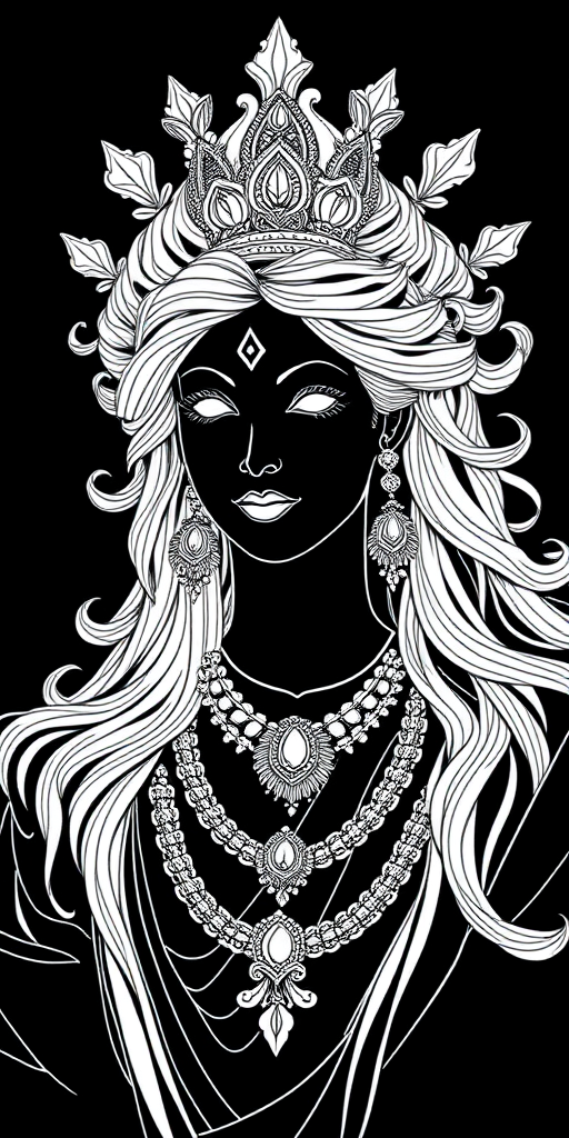 Create a highly detailed line art illustration of a divine figure with intricate hair and jewelry on a black background, shot with a DSLR camera at f/2.8 aperture, 50mm lens, ISO 100, in a soft focus style to enhance sharpness and contrast.