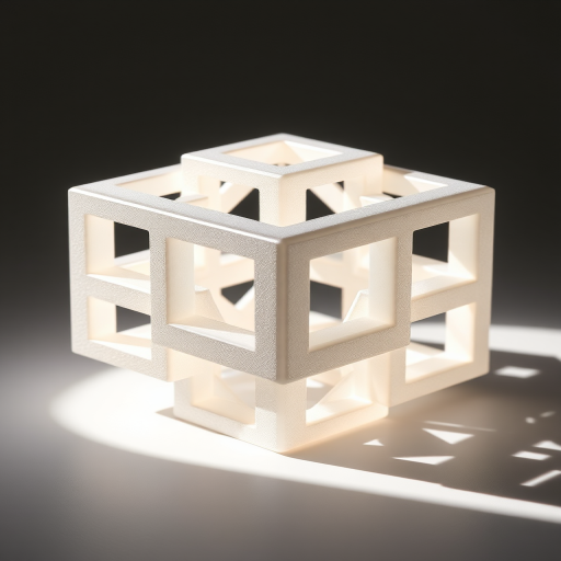 Generate a high-resolution image of a 3D geometric shape resembling interlocking cubes with soft shadows, using a Canon EOS R5 camera, f/8 aperture, 50mm lens, and ISO 100, with a 45-degree angle view and studio lighting to enhance depth and contrast.