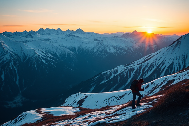 Generate a high-resolution image of a mountainous landscape with snow-covered slopes and a lone hiker in the foreground, captured at sunrise using a DSLR camera, 24mm lens, aperture f/8, ISO 100, and a shallow depth of field to emphasize the foreground details while softening the background mountains.