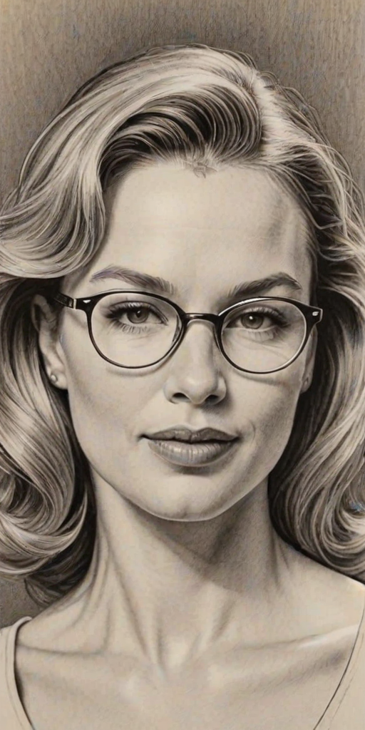 Alluring Renee Zellweger, pencil sketch, portrait of Enchanting woman 1948s in glasses, hair style beatnik, outline, clear lines, fine lines, 8k