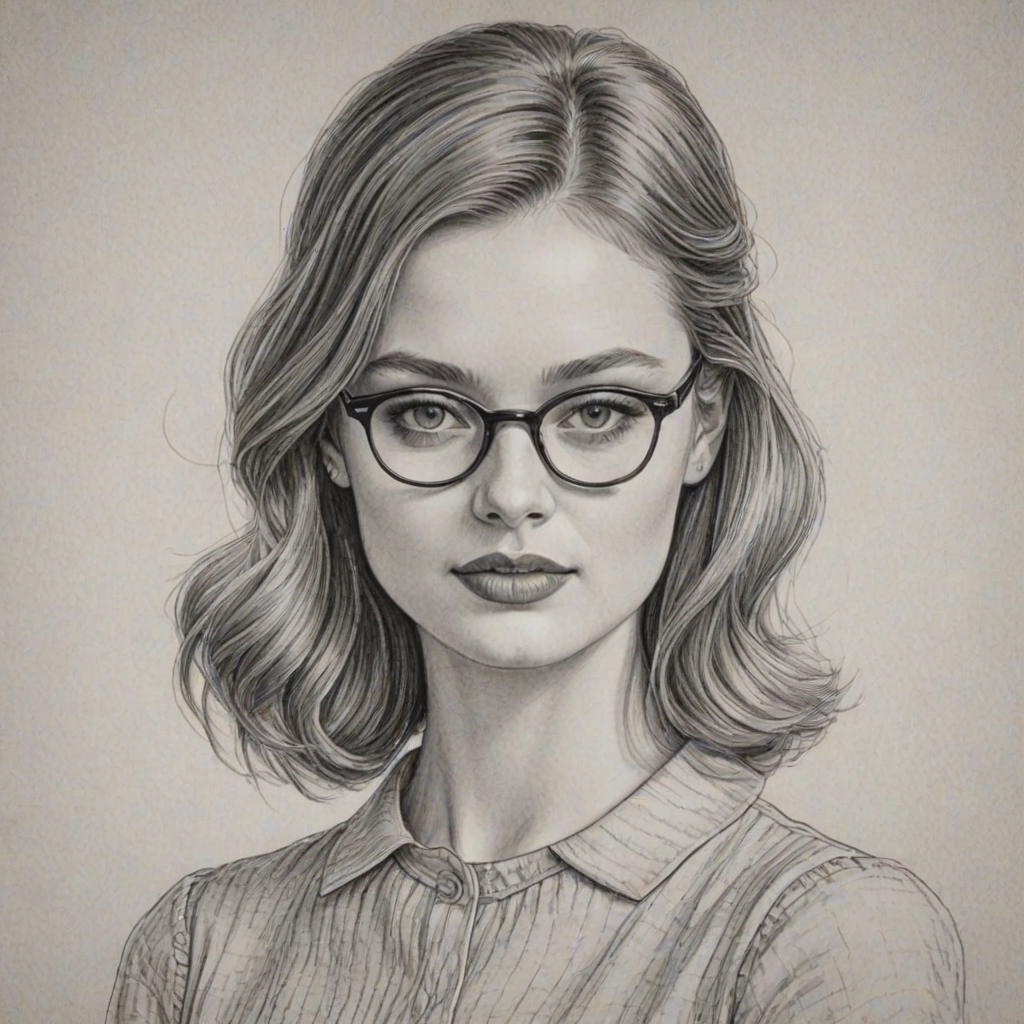 Splendid Bella Heathcote, pencil sketch, portrait of Fascinating woman 1946s in glasses, hair style beatnik, outline, clear lines, fine lines, 8k