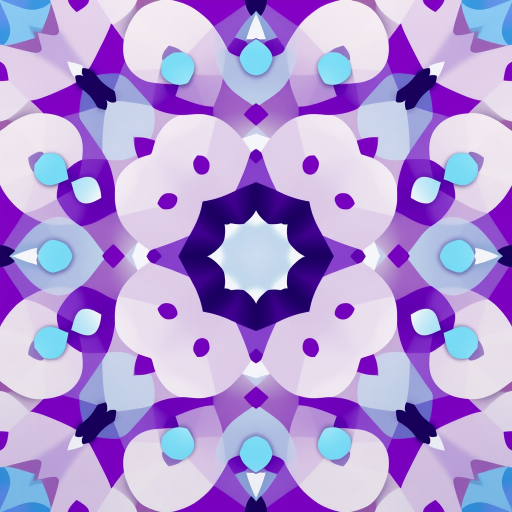 Create a vibrant geometric pattern with overlapping circles and stars in shades of purple, blue, and white, captured using a high-resolution DSLR camera at f/8 aperture, ISO 100, 50mm lens, in a top-down view to emphasize symmetry and depth.