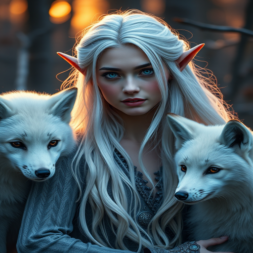 Create a highly detailed fantasy portrait of an elf with long white hair and silver-blue eyes, accompanied by two Arctic foxes, in a mystical forest setting during golden hour, using a Canon EOS R5 camera with a 50mm f/1.2 lens, aperture set to f/1.8, ISO 200, and a shallow depth of field to enhance image quality and focus.