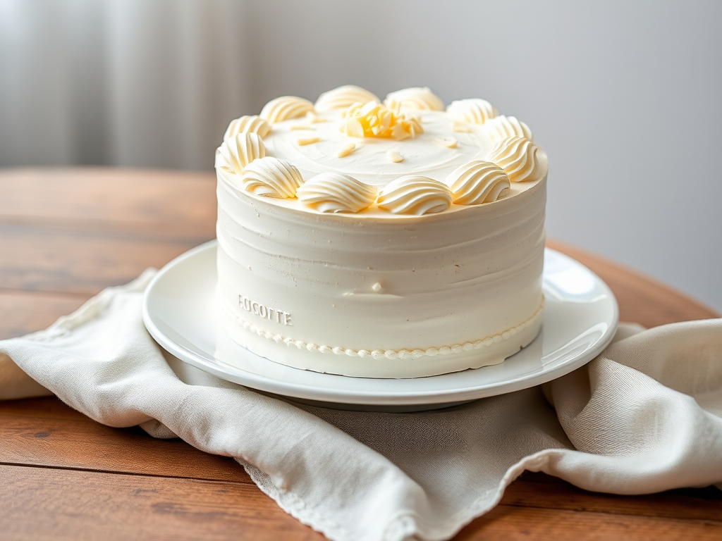 Create an image of a round white cake with smooth icing and decorative swirls on the top and bottom edges set on a white plate on a wooden table with a soft cloth beside it. The cake should have a textured finish on the sides and be topped with small white chocolate shavings. The background should be softly blurred to emphasize the cake.