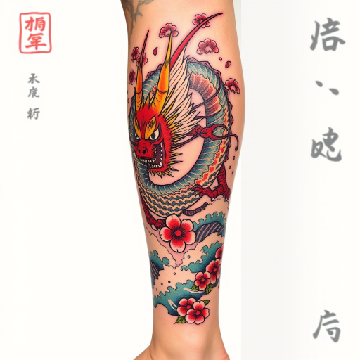 Bold traditional Japanese tattoo spanning the entire leg, showcasing a fierce dragon intertwined with cherry blossoms and crashing waves, utilizing rich colors and bold outlines in the classic Irezumi style