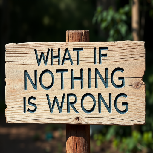 Create an image of a wooden signpost with the text "What if Nothing is Wrong" artistically arranged in a chaotic manner, using a DSLR camera set to f/4 aperture, ISO 100, and a shutter speed of 1/200s, captured from a slightly low angle to emphasize the texture of the wood, using a natural light setting for clarity and vibrancy.