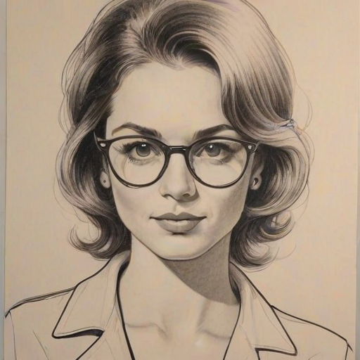 Charming Edi Patterson, pencil sketch, portrait of Charming woman 1970s in glasses, hair style beatnik, outline, clear lines, fine lines, 8k