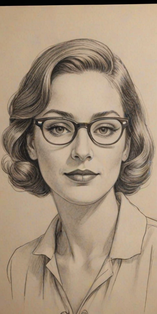 Lovely Mariana Trevino, pencil sketch, portrait of Pleasing woman 1934s in glasses, hair style beatnik, outline, clear lines, fine lines, 8k