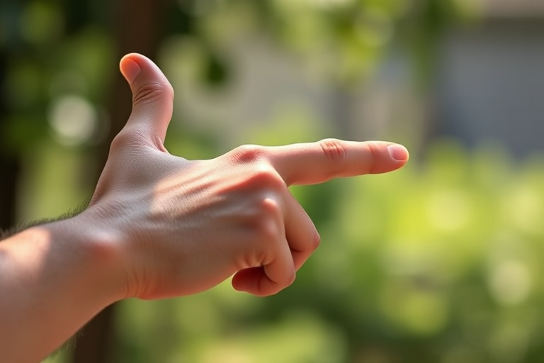 Create a high-resolution image of a human hand pointing to the right, captured with a Canon EOS R5 camera, 50mm lens, f/1.8 aperture, ISO 100, in natural lighting with a shallow depth of field.