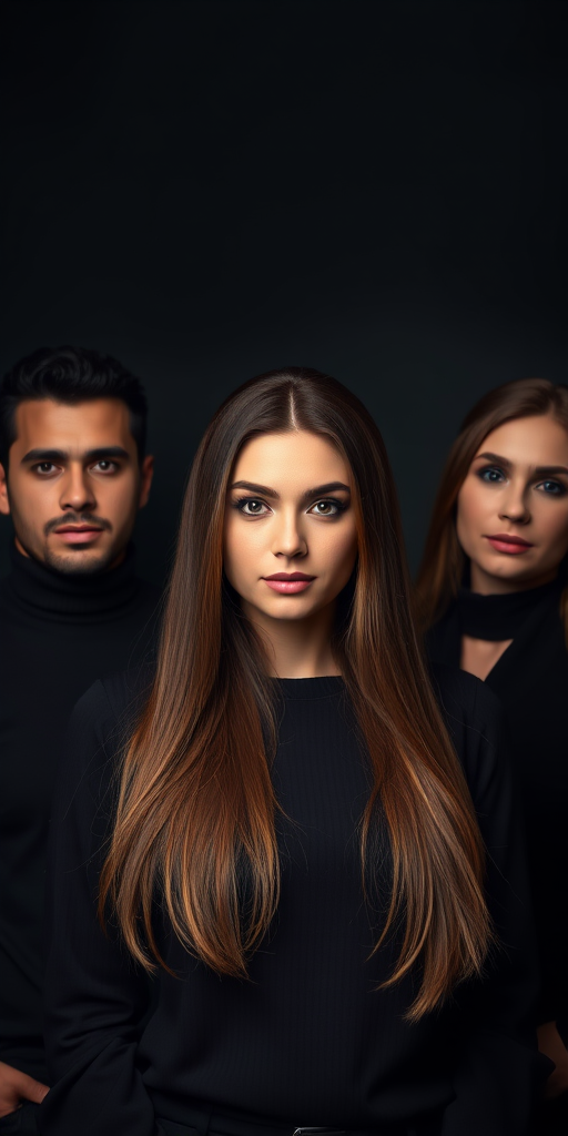 portrait of three stylish individuals in black clothing against a dark background, focus on the woman in the center with long brown hair and a confident expression, use a Canon EOS R5, 50mm lens, aperture f/1.8, ISO 100, soft box lighting for even illumination, shallow depth of field for background blur