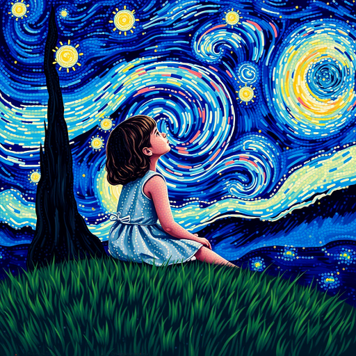 A young girl sitting on a grassy hill, looking up at the starry night sky painted in the style of Vincent Van Gogh's famous "Starry Night". The entire image is composed of tiny dots, giving it a dreamlike and illusionary quality. The girl is surrounded by vibrant colors and swirls in the sky, with stars twinkling above her