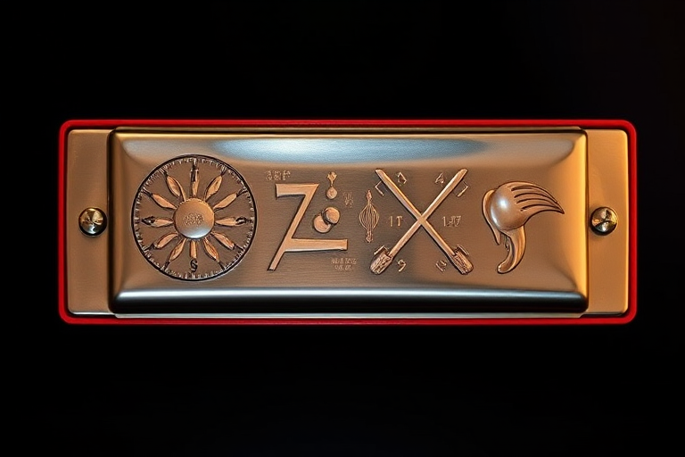 Create a high-resolution vector illustration of a harmonica, top view, with a focus on details and texture, using a Canon EOS R5 camera, 50mm lens, f/2.8 aperture, ISO 100, and studio lighting for enhanced clarity and vibrancy.