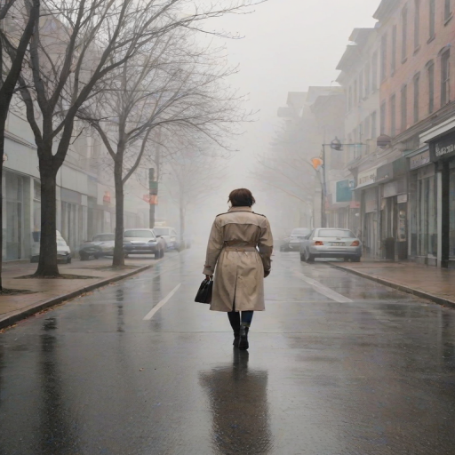 Quiet urban street on a misty morning, a woman in a trench coat walks quickly down the sidewalk, the light fog blurring the outlines of parked cars and storefronts.