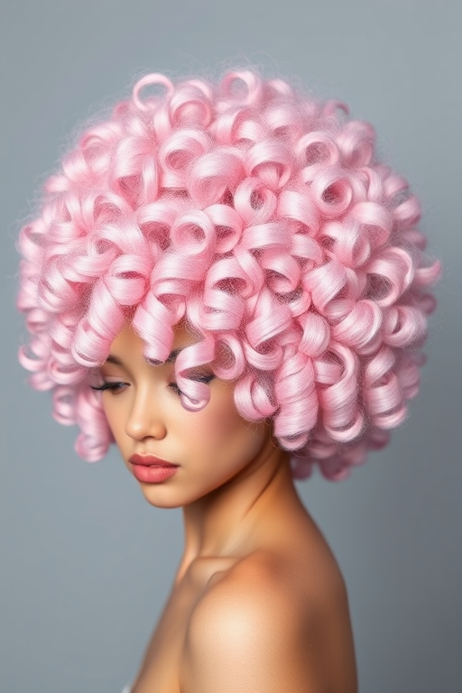 Whimsical cotton candy pink curls in a voluminous afro shape, crafted by Bubblegum Cloud, showcasing perfectly defined spirals with subtle lavender and periwinkle accents throughout