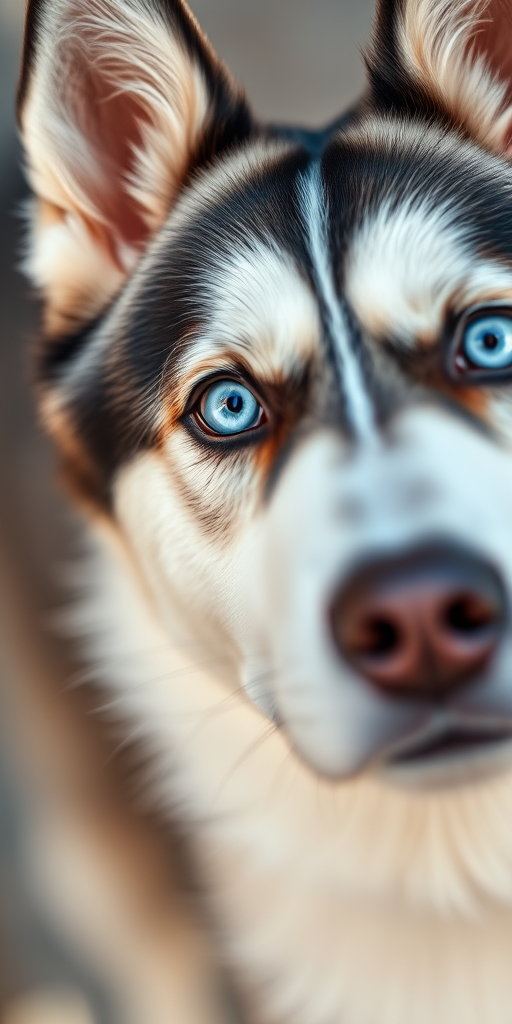 A close-up shot of a Siberian Husky with striking blue eyes, taken with a Canon EOS R5 camera, using a 50mm f/1.2 lens, aperture set to f/1.8 for a shallow depth of field, ISO 200, shutter speed 1/200, in soft natural light to enhance detail and contrast.