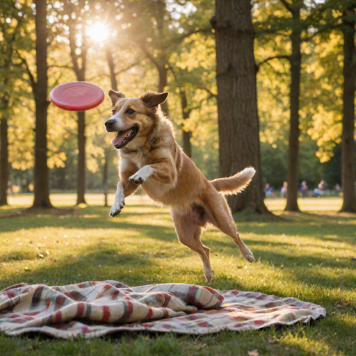 Blurry action shot of a dog leaping to catch a frisbee in a park, its body mid-air, with soft golden sunlight filtering through the trees and a family picnic blanket barely visible in the background.