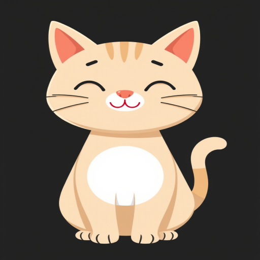 Create an illustration of a cartoon cat with a light beige body, round white belly, pink nose, simple facial features, and an upright tail, using a vector art style; shot with a digital camera set to a low aperture of f/2.8 for depth of field, ISO 100 for clarity, and a focal length of 50mm for detail, with a clean, solid black background to enhance contrast.